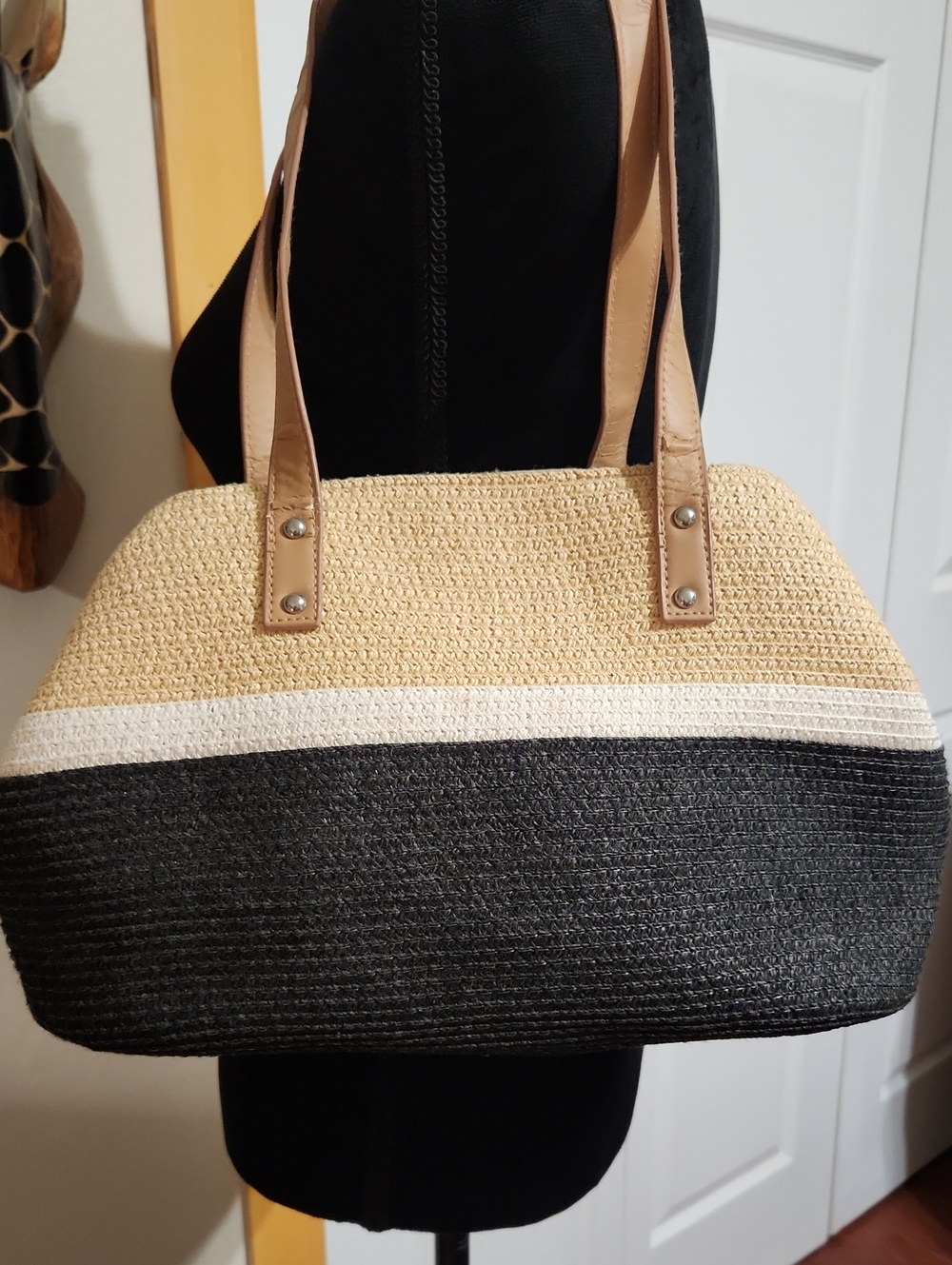 Neutral Colorblock Straw Tote Bag with Tan Handles